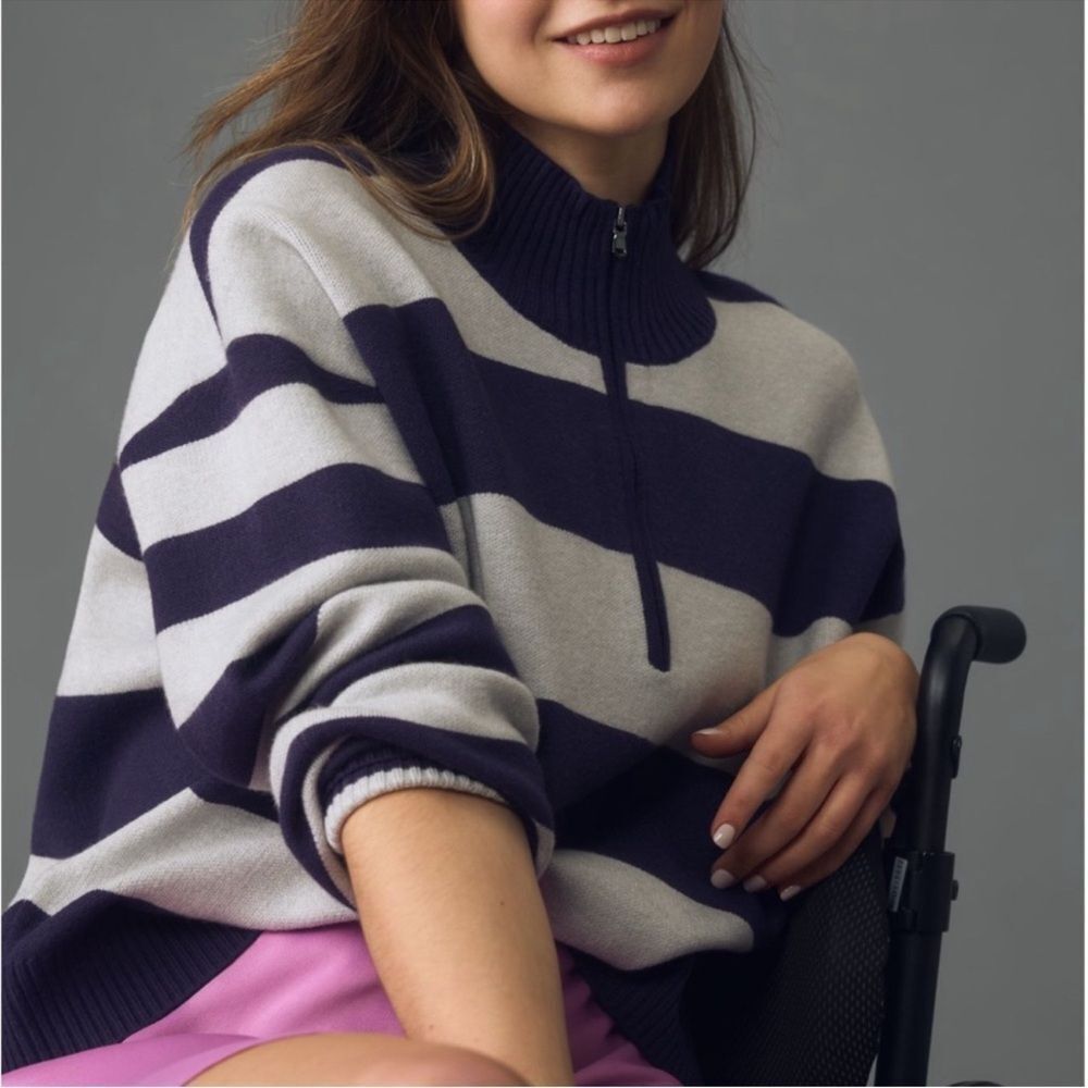 Maeve Anthropologie The Montana Striped Mock-Neck Half-Zip Sweater- Navy/White - Picture 1 of 5